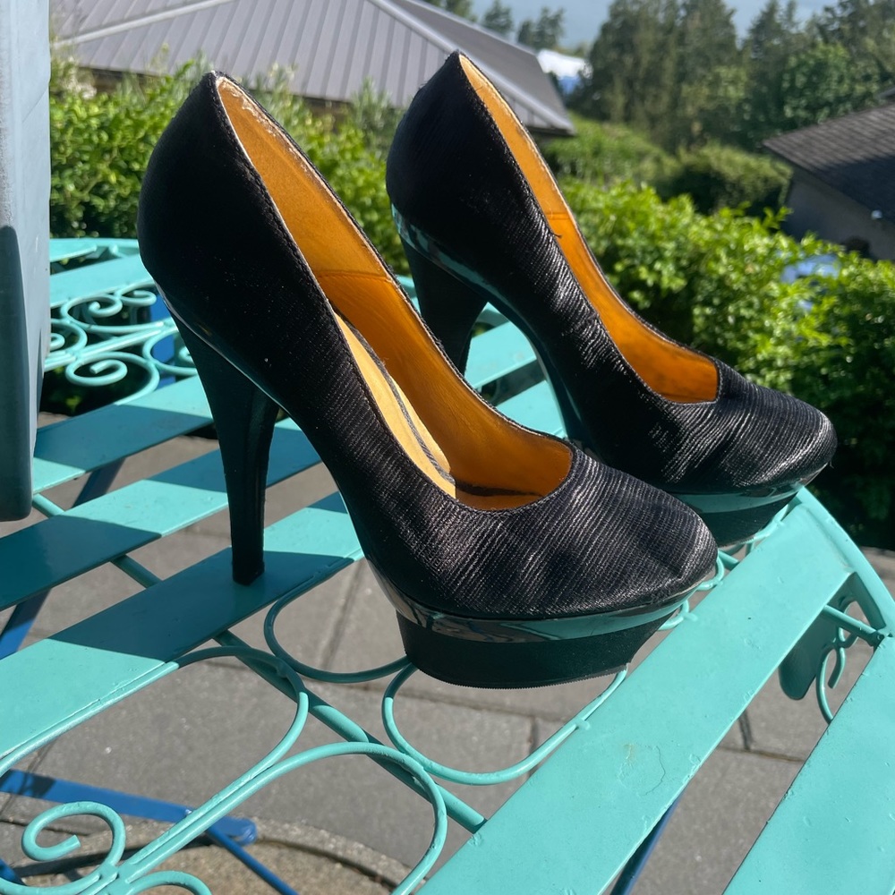 Black silky platform high heels